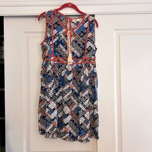 NWT, Sz M, Hayden Los Angeles boho Patchwork tank dress orange trim 18.5” P2P